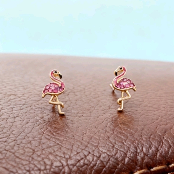 Pink Flamingo Stud Earrings Crystal Accent Tropical Summer Jewelry Gift - Picture 2 of 5